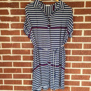 BURU Rayon Tie Waist Button Down Shirt Dress Blue White Striped